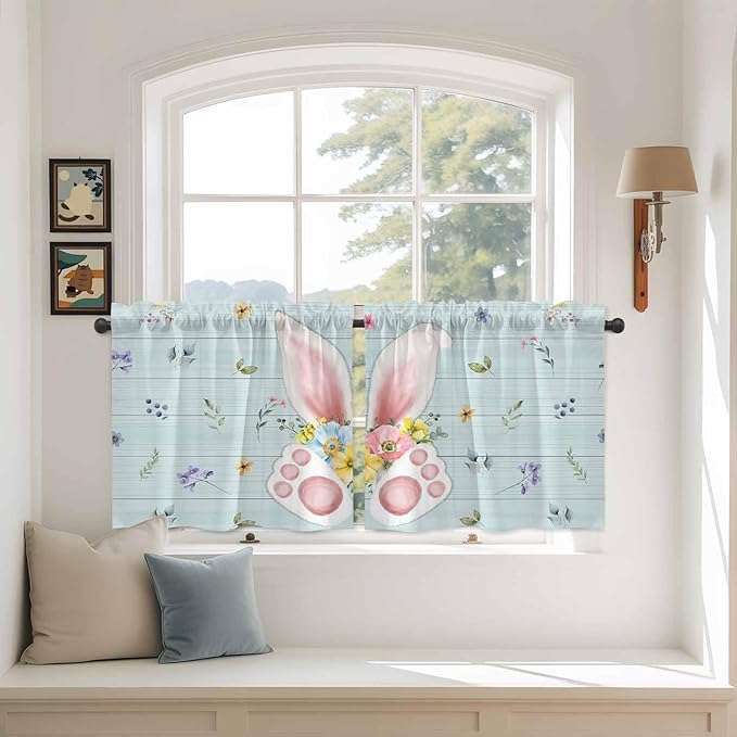 Easter Kitchen Tier Curtains 24 Inch Long 2 Panel Set,Rod Pocket Cafe Small Window Curtains Over Sink,Spring Rabbits Ears Feet Flowers Wooden Grain Light Filtering Short Drapes 27.5"W x 24"L