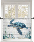 Sheer Curtains 54 Inch Length, Teal Green Ocean Turtle Semi Sheer Curtains Light Filtering Window Treatment, Coastal Seaweed Wood Grain Privacy Voile Drapes for Living Room Bedroom 52x54 Inch