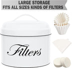 Coffee Filter Holder, White Basket Coffee Filter Storage with Lid, Round CoffeeFilter Container for Counter, Rustic Farmhouse Coffee Bar Accessories Decor (White)