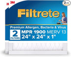 Filtrete 24x24x1 AC Furnace Air Filter, MERV 13, MPR 1900, Premium Allergen, Bacteria & Virus Filter, 3-Month Pleated 1-Inch Electrostatic Air Cleaning Filter, 2-Pack (Actual Size 23.81x23.81x0.78 in)