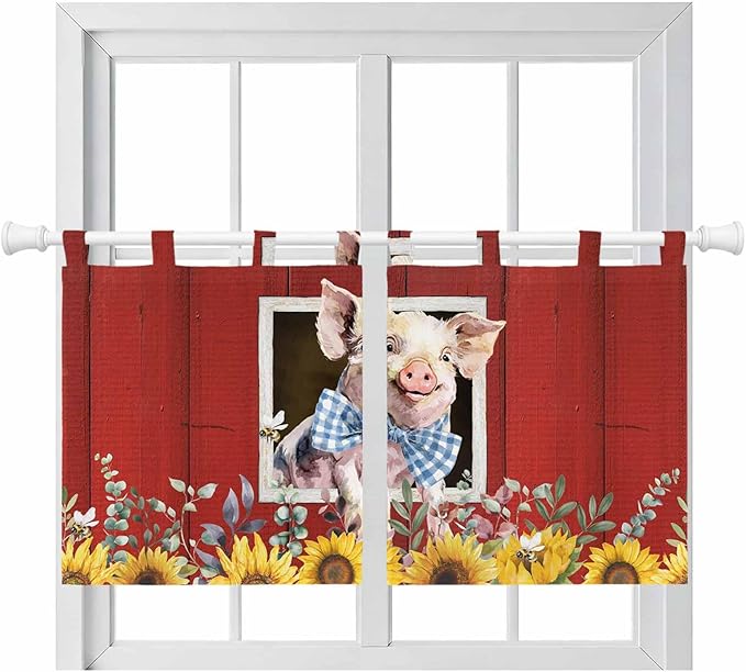 Pig Sunflowers Kitchen Curtains 24 Inch Length, Small Window Curtains Tab Top, Eucalyptus Leaves Floral Bees Red Barn Light Filtering Short Window Treatments Tier Drapes 27.5"x24" 2 Panel