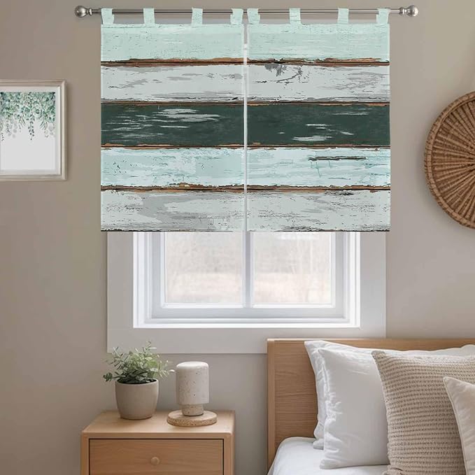 Blue Teal Kitchen Curtains 45 Inch Length, Short Cafe Window Curtains Tab Top, Vintage Wooden Retro Art Farmhouse Barns Light Filtering Window Treatments Tier Drapes 27.5"x45" 2 Panel
