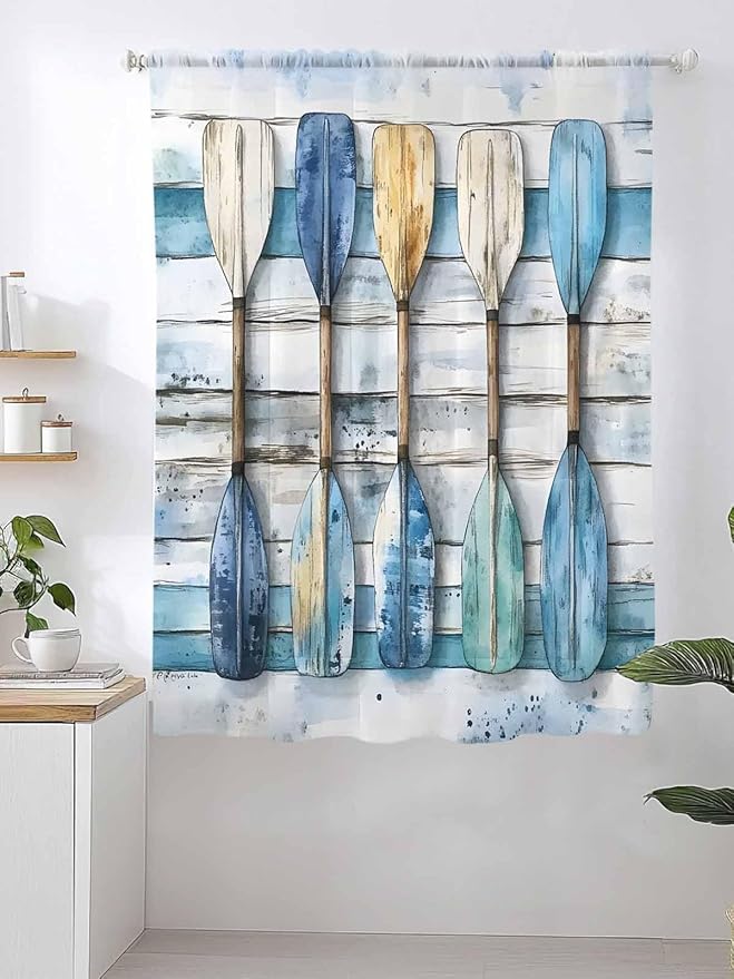 Sheer Curtains 72 Inches Long, Lake Paddle Striped Semi Sheer Curtains Light Filtering Window Treatment, Watercolor Vintage Wood Grain Privacy Voile Drapes for Living Room Bedroom 52x72 Inch