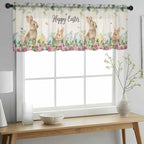 Easter Sheer Valances for Windows 42"x18", Light Filtering Kitchen Curtains Valance, Spring Watercolor Bunny Eggs Flower Leaf Beige Rod Pocket Chiffon Curtains for Living Room Bedroom Cafe