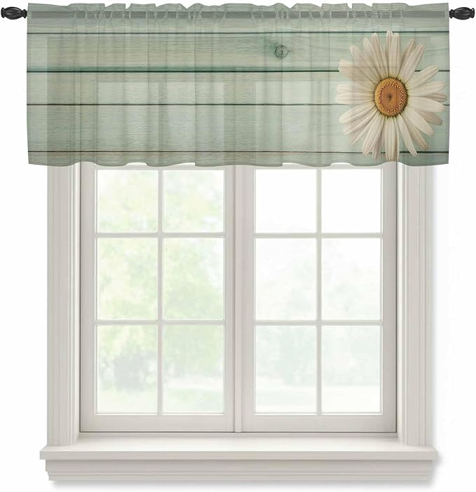 Daisy Flower Sheer Valances for Windows 42"x12", Light Filtering Kitchen Curtains Valance, Modern Art Floral Farmhouse Teal Wooden Grain Rod Pocket Chiffon Curtains for Living Room Bedroom Cafe