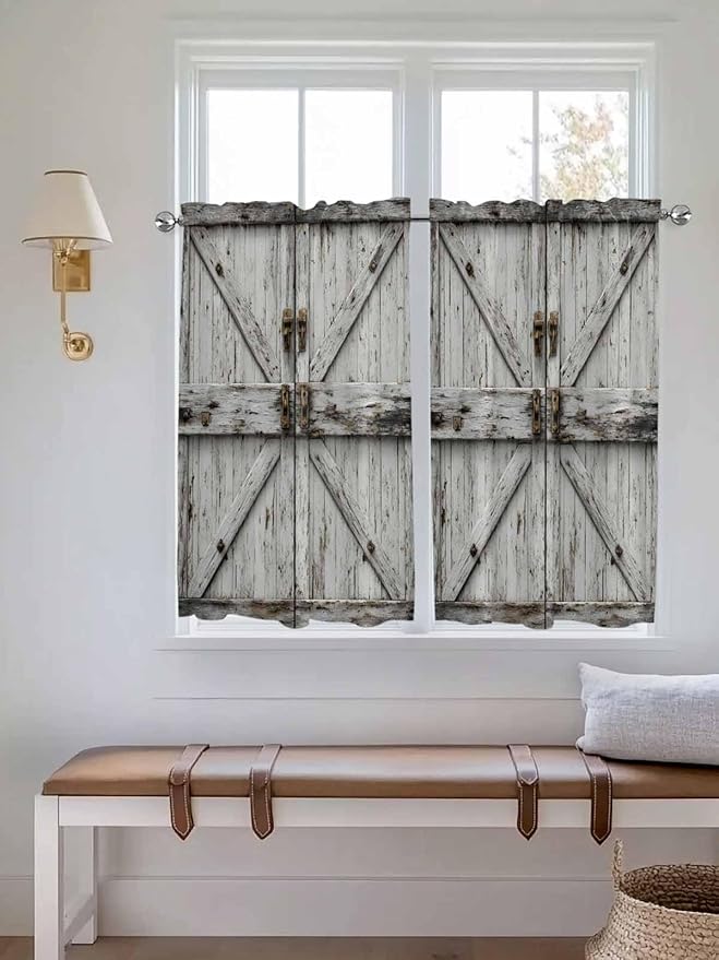 Vintage Gate Tier Curtains 45 Inches Long, Farmhouse Wooden Grain Shabby Chic Door Window Treatment Curtain Drapes, Window Half Privacy Curtains for Bedroom Bathroom, 42"x45", 2 Panels