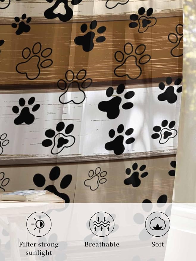 Sheer Curtains 72 Inches Long, Brown Beige Farmhouse Semi Sheer Curtains Light Filtering Window Treatment, Black Dog Paw Vintage Wooden Privacy Voile Drapes for Living Room Bedroom 52x72 Inch