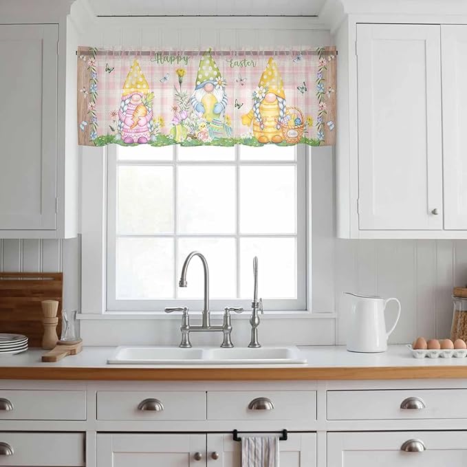 Happy Easter Sheer Valances for Windows 60"x18", Light Filtering Kitchen Curtains Valance, Spring Gnomes Duck Floral Eggs Pink Plaid Rod Pocket Chiffon Curtains for Living Room Bedroom Cafe