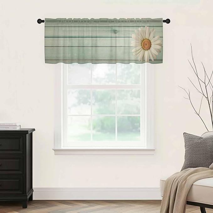 Daisy Flower Sheer Valances for Windows 42"x18", Light Filtering Kitchen Curtains Valance, Modern Art Floral Farmhouse Teal Wooden Grain Rod Pocket Chiffon Curtains for Living Room Bedroom Cafe