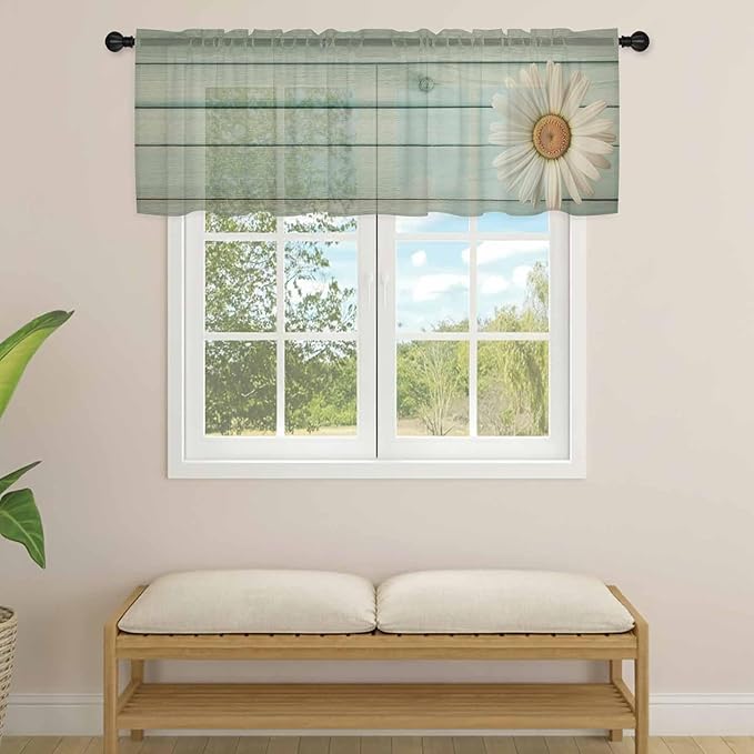 Daisy Flower Sheer Valances for Windows 42"x12", Light Filtering Kitchen Curtains Valance, Modern Art Floral Farmhouse Teal Wooden Grain Rod Pocket Chiffon Curtains for Living Room Bedroom Cafe
