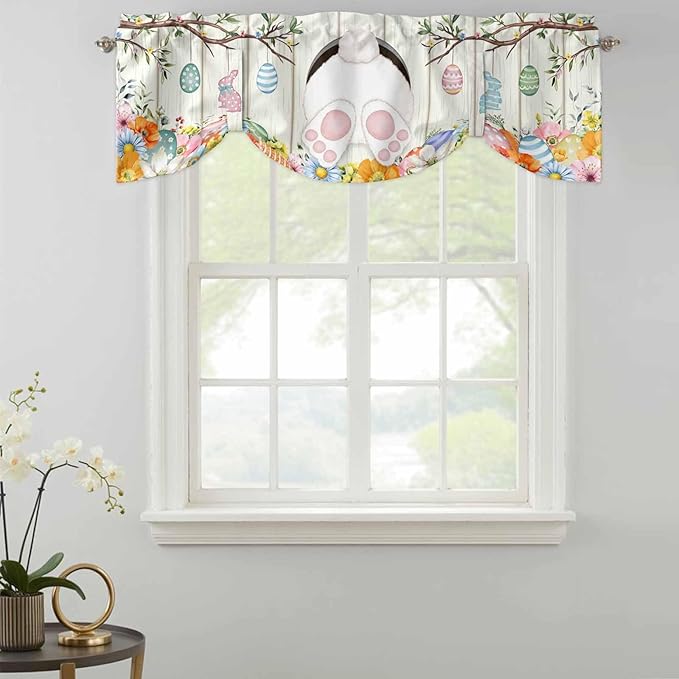 Easter Tie Up Valance Curtains for Windows, Kitchen Curtains Window Shades, Spring Farmhouse Watercolor Bunny Eggs Wood Grain Light Filtering Roman Curtain Valances for Bedroom/Bathroom/Cafe 60"x18"