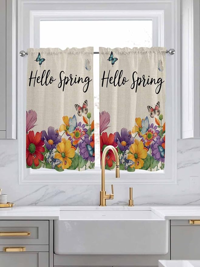 Spring Flowers Kitchen Curtains 54 Inches Length, Farmhouse Vintage Country Colorful Floral Window Treatment Curtain Drapes, Decorative Window Curtains for Bedroom Cafe, 52"x54", 2 Panels
