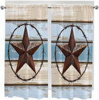 Vintage Western Star on Wood Grain Window Valance Curtains, Retro Wooden Texture Light Filtering Kitchen Valance with 3-inch Rod Pocket for Living Room Bathroom Bedroom,2 Panel,42x63In