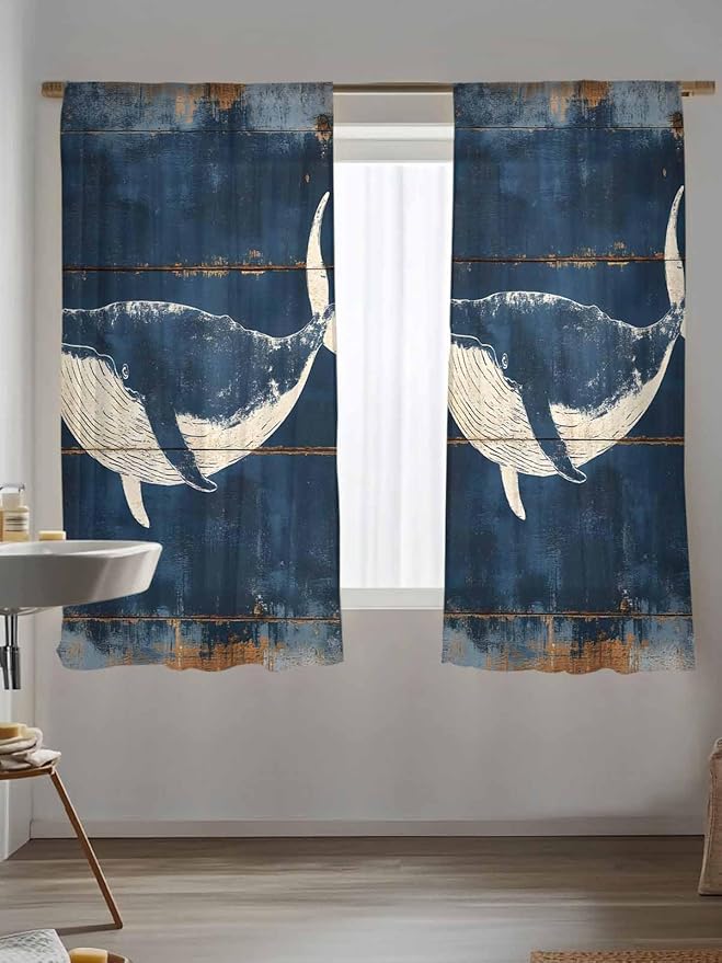 Sheer Curtains 63 Inch Length, Summer Whale Blue Semi Sheer Curtains Light Filtering Window Treatment, Coastal Ocean Vintage Wooden Grain Privacy Voile Drapes for Living Room Bedroom 52x63 Inch