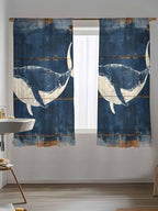 Sheer Curtains 63 Inch Length, Summer Whale Blue Semi Sheer Curtains Light Filtering Window Treatment, Coastal Ocean Vintage Wooden Grain Privacy Voile Drapes for Living Room Bedroom 52x63 Inch