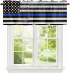 American Flag Valances for Windows, Blue Line Star Black White Stripes Wood Grain Kitchen Valance Light Filtering Rod Pocket Short Curtains for Kitchen Bathroom, 1 Panel, 60"x18"