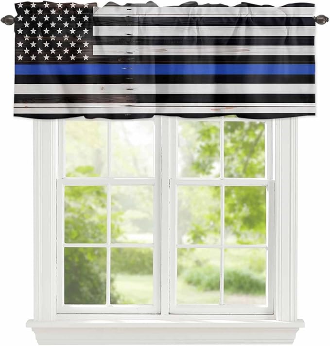 American Flag Valances for Windows, Blue Line Star Black White Stripes Wood Grain Kitchen Valance Light Filtering Rod Pocket Short Curtains for Kitchen Bathroom, 1 Panel, 60"x14"
