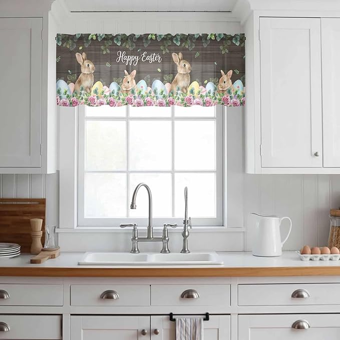 Easter Sheer Valances for Windows 54"x18", Light Filtering Kitchen Curtains Valance, Spring Watercolor Bunny Eggs Flower Leaf Wood Grain Rod Pocket Chiffon Curtains for Living Room Bedroom Cafe
