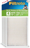 Filtrete 14x20x1 AC Furnace Air Filter, MERV 8, MPR 700, Tough on Pollen, Easy on Airflow, 3-Month Pleated 1-Inch Electrostatic Air Cleaning Filter, 4-Pack (Actual Size 13.688 x 19.688 x 0.78 in)