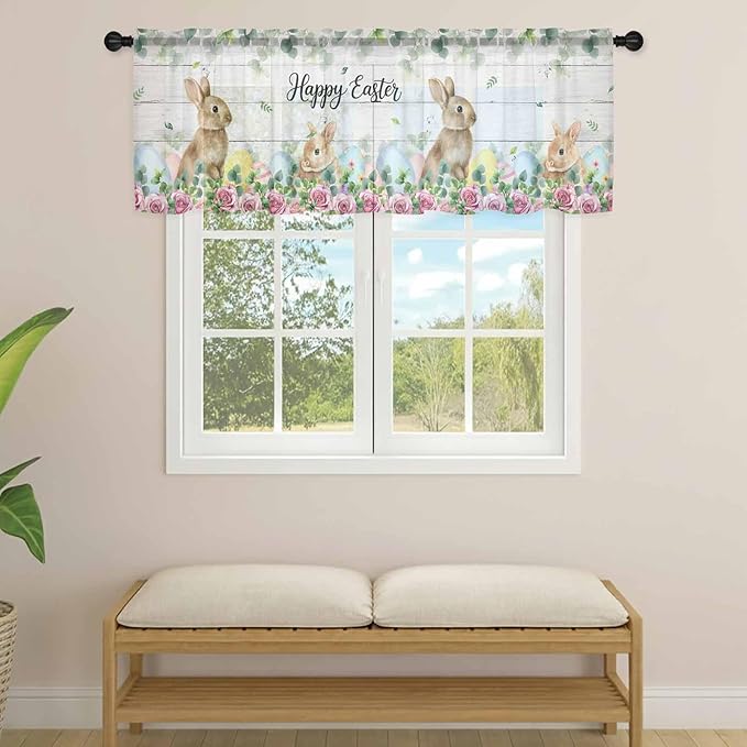 Easter Sheer Valances for Windows 60"x18", Light Filtering Kitchen Curtains Valance, Spring Watercolor Bunny Eggs Flower Leaf Wooden Grey Rod Pocket Chiffon Curtains for Living Room Bedroom Cafe