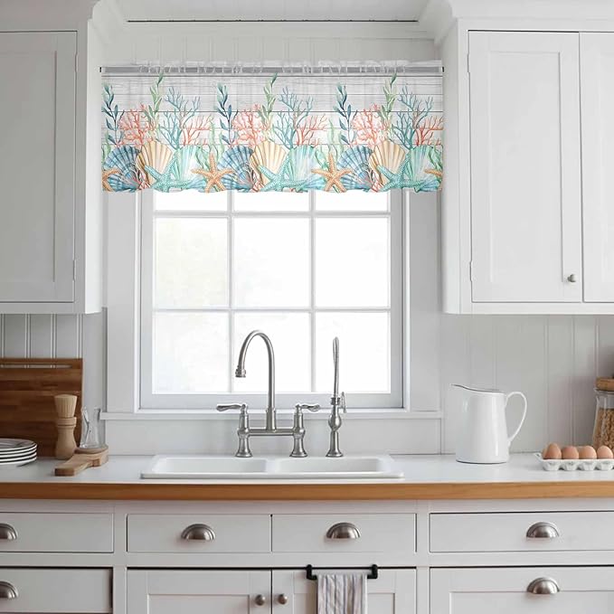 Summer Beach Sheer Valance Curtains, Ocean Colorful Coral Shell Seaweed Starfish Wood Grain Light Filtering Kitchen Valances Rod Pocket Voile Curtain Treatment for Bedroom/Living Room/Basement 60Wx18L