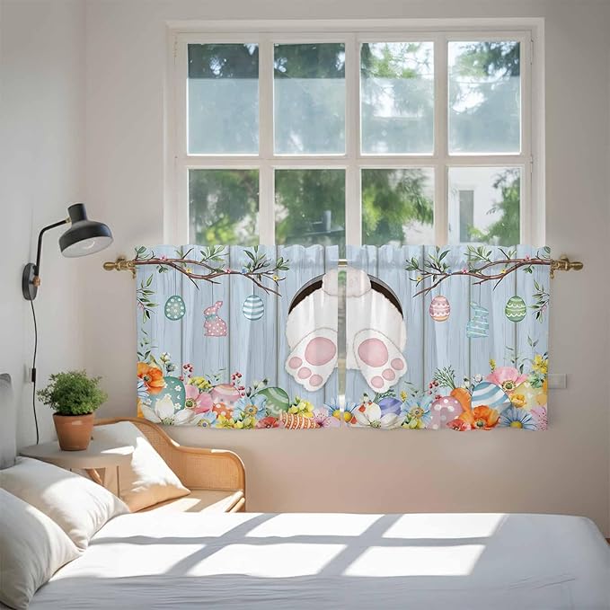 Easter Kitchen Tier Curtains 36 Inch Long 2 Panel Set,Rod Pocket Half Window Curtains Over Sink,Spring Watercolor Bunny Eggs Flower Wood Grain Blue Light Filtering Short Drapes Cafe 27.5"W x 36"L