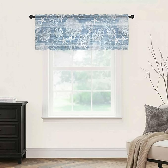 Haze Blue Retro Summer Sheer Valance Curtains, Sea Turtle Starfish Coral Ocean Light Filtering Kitchen Valances Rod Pocket Voile Curtain Window Treatment for Bedroom/Living Room/Basement 42Wx18L
