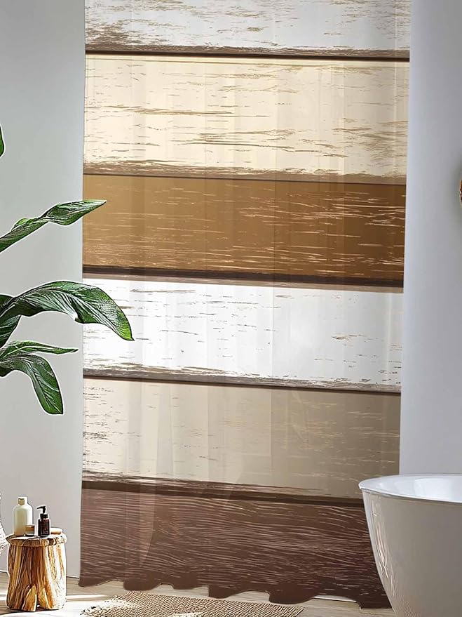 Sheer Curtains 84 Inches Long, Vintage Geometric Brown Semi Sheer Curtains Light Filtering Window Treatment, Farmhouse Country Chic Wood Grain Privacy Voile Drapes for Living Room Bedroom 52x84 Inch