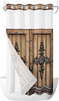 Wood Barn Door No Hook Shower Curtain with Snap in Liner Set, Waterproof Shower Curtains for Bathroom, Wooden Plank Fabric Shower Curtain, See Through Mesh Top Window, 36" W x 72" L