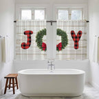 Christmas Wreaths Kitchen Tier Curtains 45 Inch Long 2 Panel Set,Rod Pocket Short Window Treatment,Winter Bow Plaid Farmhouse Wooden Grain Curtains & Drapes for Bathroom Basement 27.5"W x 45"L
