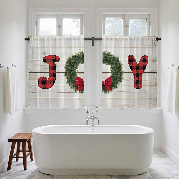 Christmas Wreaths Kitchen Curtains 54 Inch Long 2 Panel Set,Rod Pocket Window Curtains Panels,Winter Bow Plaid Farmhouse Wooden Grain Light Filtering Privacy Draperies for Bedroom Laundry 42"W x 54"L