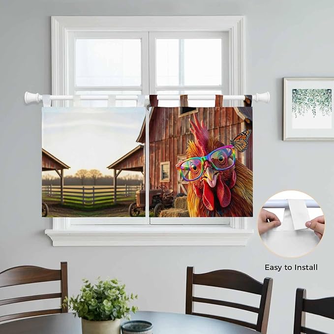 Farm Rooster Kitchen Curtains 36 Inch Length, Small Window Curtains Tab Top, Farmhouse Barn Funny Animals Butterfly Light Filtering Short Window Treatments Tier Drapes 27.5"x36" 2 Panel