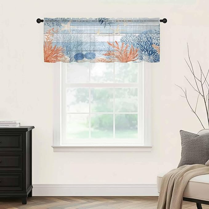 Ocean Corals Sheer Valance Curtains, Summer Beach Coral Sea Stars Blue Wood Grain Light Filtering Kitchen Valances Rod Pocket Voile Curtain Window Treatment for Bedroom/Living Room/Basement 42Wx12L