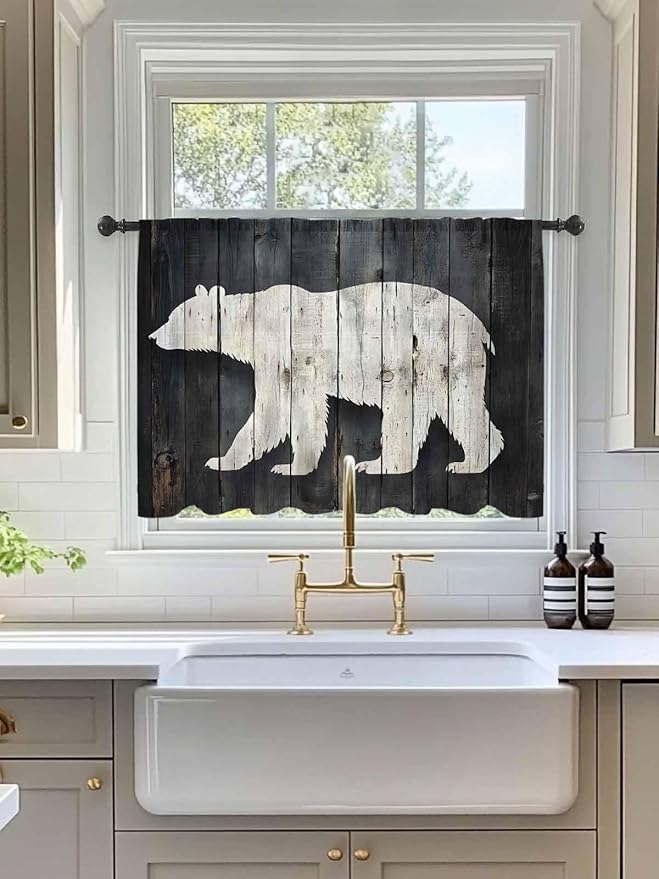 Sheer Curtains 45 Inch Length, White Brown Bear Semi Sheer Curtains Light Filtering Window Treatment, Rustic Counrty Vintage Wood Grain Privacy Voile Drapes for Living Room Bedroom 52x45 Inch
