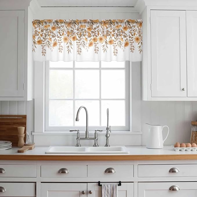 Spring Summer Flowers Sheer Valance Curtains, Vintage Watercolor Orange Floral Leaf Plant Light Filtering Kitchen Valances Rod Pocket Voile Curtain Treatment for Bedroom/Living Room/Basement 54Wx18L