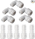 10-Pack 3/8" to 1/4" Push to Connect Fitting Kit - 5 Straight + 5 Elbow Adapters for RO Water Systems/Refrigerators | POM Quick Connect Fittings with Leak-Proof Seals
