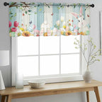 Easter Sheer Valances for Windows 42"x18", Light Filtering Kitchen Curtains Valance, Spring Watercolor Bunny Eggs Tulip Wooden Grain Rod Pocket Chiffon Curtains for Living Room Bedroom Cafe