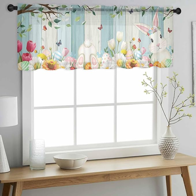 Easter Sheer Valances for Windows 60"x18", Light Filtering Kitchen Curtains Valance, Spring Watercolor Bunny Eggs Tulip Wooden Grain Rod Pocket Chiffon Curtains for Living Room Bedroom Cafe