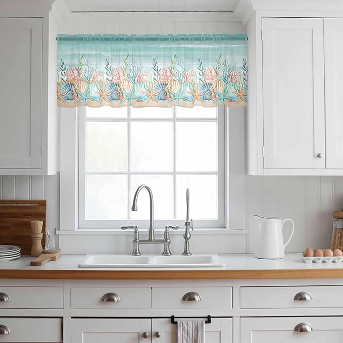 Summer Beach Sheer Valance Curtains, Green Ocean Colorful Coral Shell Seaweed Starfish Sandy Light Filtering Kitchen Valances Rod Pocket Voile Curtain for Bedroom/Living Room/Basement 54Wx18L