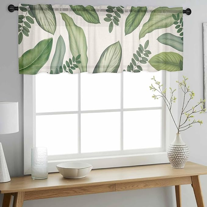 Summer Palm Leaf Sheer Valance Curtains, Green Tropical Plants Nature Leaves Linen Light Filtering Kitchen Valances Rod Pocket Voile Curtain Window Treatment for Bedroom/Living Room/Basement 42Wx12L