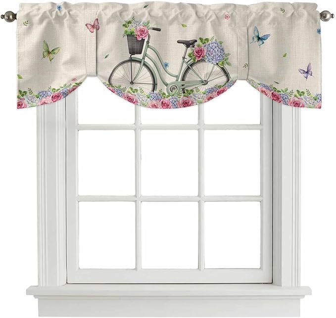Farmhouse Spring Tie Up Valance Curtains for Windows, Kitchen Curtains Window Shades, Retro Bicycles Flowers Vines Butterfly Light Filtering Roman Curtain Valances for Bedroom/Bathroom/Cafe 54"x18"