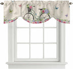 Farmhouse Spring Tie Up Valance Curtains for Windows, Kitchen Curtains Window Shades, Retro Bicycles Flowers Vines Butterfly Light Filtering Roman Curtain Valances for Bedroom/Bathroom/Cafe 42"x12"