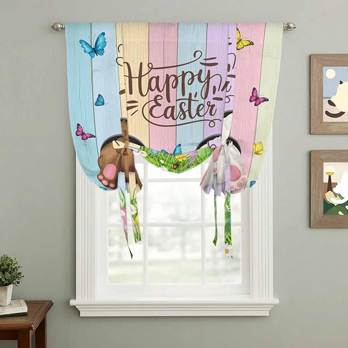 Tie Up Curtains,Happy Easter Rabbit Butt Egg on Daisy Leaf Adjustable Rod Pocket Window Shade Curtain Drape Bufferfly on Wood Barn Tie-Up Valance for Kitchen Bedroom Living Room Windows,52"x63"