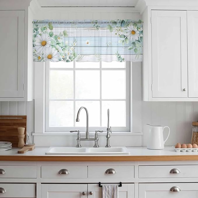 Daisy Eucalyptus Leaves Sheer Valance Curtains, Blue Wood Grain Spring Countryside Light Filtering Kitchen Valances Rod Pocket Voile Curtain Window Treatment for Bedroom/Living Room/Basement 42Wx18L