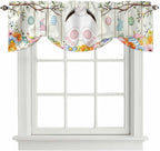 Easter Tie Up Valance Curtains for Windows, Kitchen Curtains Window Shades, Spring Farmhouse Watercolor Bunny Eggs Wood Grain Light Filtering Roman Curtain Valances for Bedroom/Bathroom/Cafe 54"x18"