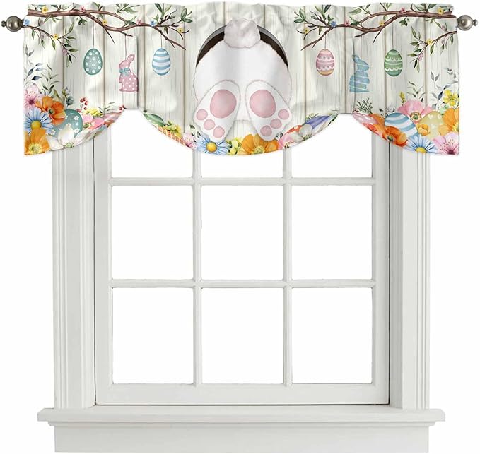 Easter Tie Up Valance Curtains for Windows, Kitchen Curtains Window Shades, Spring Farmhouse Watercolor Bunny Eggs Wood Grain Light Filtering Roman Curtain Valances for Bedroom/Bathroom/Cafe 42"x12"
