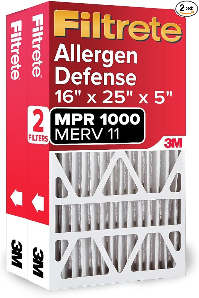 Filtrete 16x25x5 AC Furnace Air Filter, MPR 1000, MERV 11, Fits Lennox Devices, Allergen Defense, Electrostatic Air Cleaning Filter, 2-Pack (Actual Size 15.63x24.74x4.31 in)