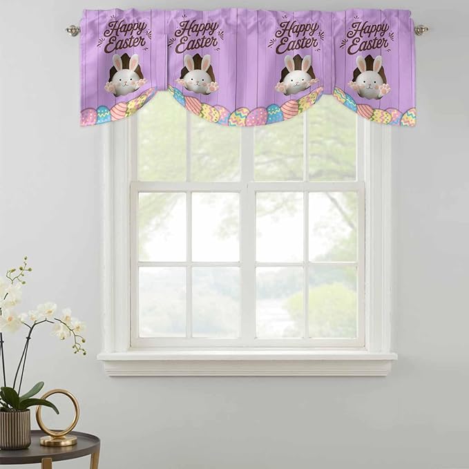 Purple Easter Tie Up Valance Curtains for Windows, Kitchen Curtains Window Shades, Spring Cartoon Bunny Colorful Eggs Wood Grain Light Filtering Curtain Valances for Bedroom/Bathroom/Cafe 42"x12"