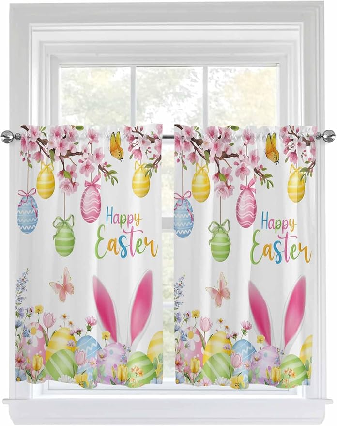 Happy Easter Kitchen Curtains 54 Inches Length, Spring Watercolor Bunny Eggs Flower Branch Window Treatment Curtain Drapes, Decorative Window Curtains for Bedroom Cafe, 52"x54", 2 Panels