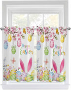 Happy Easter Kitchen Curtains 54 Inches Length, Spring Watercolor Bunny Eggs Flower Branch Window Treatment Curtain Drapes, Decorative Window Curtains for Bedroom Cafe, 52"x54", 2 Panels